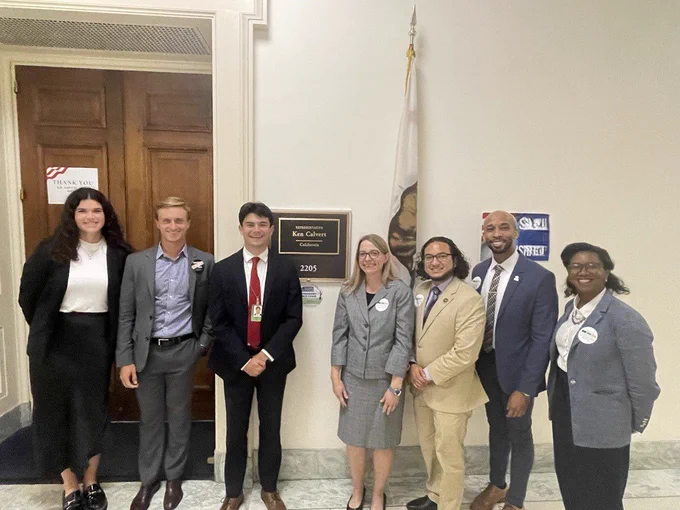 Amanda Karhuse with CEF members Hill Day July 23 2024 Rep. Ken Calvert outside Congressman's office. 