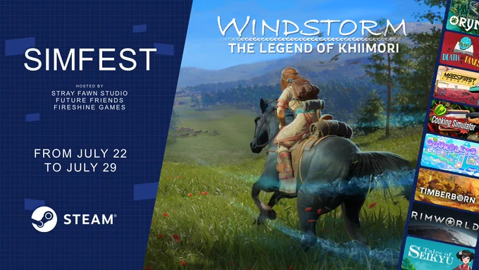 An image sliced vertically into 3 sections: first being a banner to announce SIMFEST on Steam, the second showing the official key art for Windstorm: The Legend of Khiimori, and the third a strip of other Simulation genre games being featured during the event.