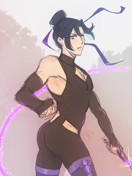 Jiang Cheng in a tits and ass pose because i need to see it. he’s looking over his shoulder at whatever he just whipped with zidian—still sparking, held in his left hand.  one showing his front, the other showing his back. his hair is up in usual bun, ribbons fluttering behind him. he’s not exactly scowling but he doesn’t look too happy either, just a tad puzzled. he’s wearing some body suit like outfit with thigh high boots with lotus marking along the side. his suit has no sleeves, baring his shoulders, and has a diamond cut out over his chest area, baring some of his scars, and has high cuts over the hips, baring his his hips. he has on some arm sleeves. in the back view, it’s revealed that the suit also has another diamond cut out on his lower back.