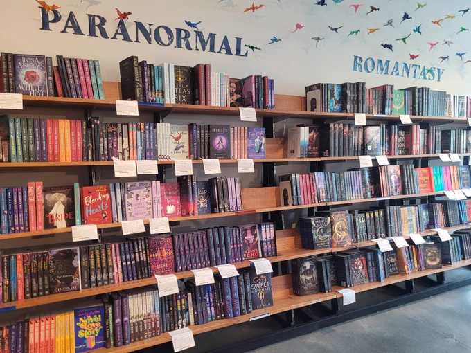 A large bookshelf, organized and labeled at the top with the headers "paranormal" and "romantasy" on the wall above the shelves. Origami birds accent the wall to the upper right. 