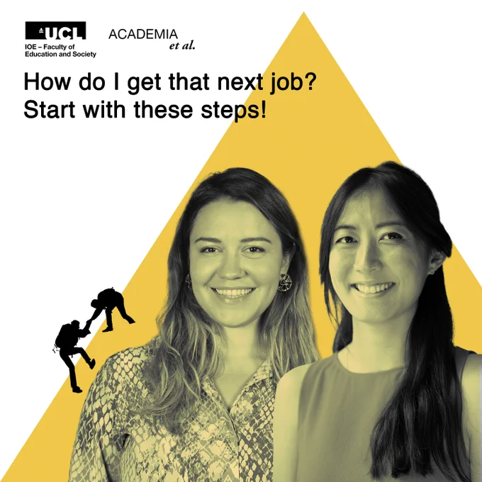Keri and Alina in front of a yellow triangle. Hikers are climbing up the yellow triangle. Text says 'How do I get that next job? Start with these steps!'