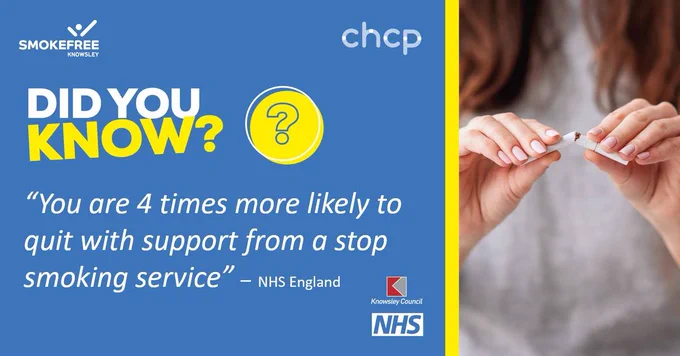 Smokefree Knowsley graphic with words 'you're 4 times more likely to quit with support from a stop smoking service'