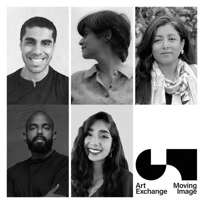 composite black and white image with five portraits of curators from South Asia participating in the Art Exchange Moving Image programme and an Art Exchange logo.