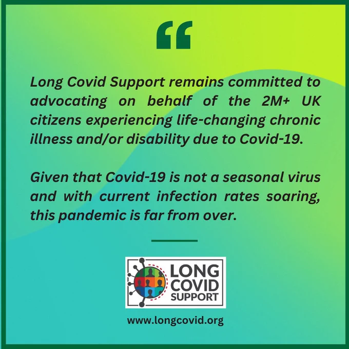 Long Covid Support remains committed to advocating on behalf of the 2M  UK citizens experiencing life-changing chronic illness and/or disability due to Covid-19.
Given that Covid-19 is not a seasonal virus and with current infection rates soaring, this pandemic is far from over.
LONG COVID SUPPORT
www.longcovid.org
