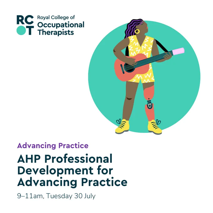 Text reads 'Advancing Practice. AHP Professional Development for Advancing Practice. 9–11am, Tuesday 30 July'

An illustration shows a person playing the guitar. 