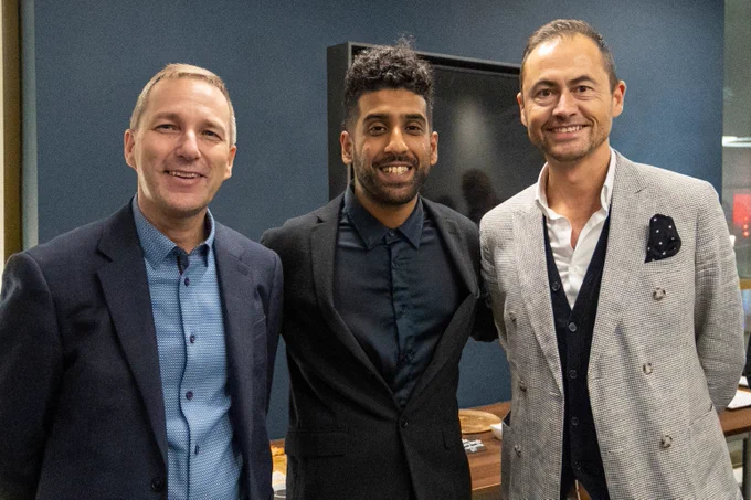 Managing director of JM Glendinning (Insurance Brokers) Corporate, Nigel Wood, with executive director of Leeds Playhouse, Shawab Iqbal, and JMG Group CEO, Nick Houghton. 