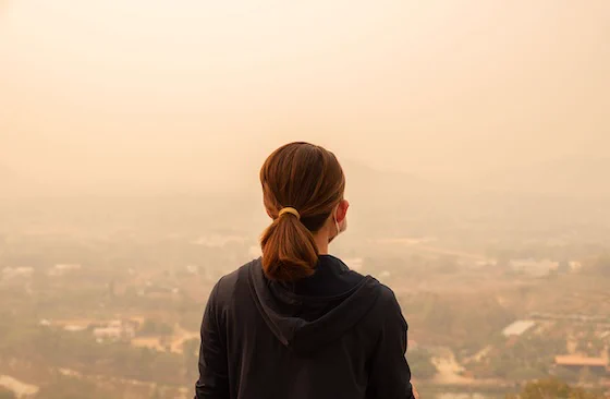 The image shows the back of a person standing and looking out over a hazy landscape, obscuring the view of the landscape below. The overall atmosphere appears to be smoggy or foggy, suggesting poor air quality.