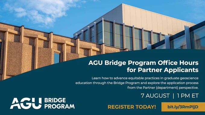  Looking to implement equitable practices in graduate geoscience education in your department?
Register for the Bridge Program Office Hours to learn about the application process on 7 Aug at 1 PM ET.
REGISTER HERE