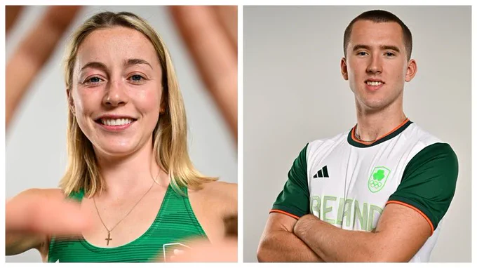 Portrait photo of Olympic athlete Sarah Healy on the left and portrait photo of Olympic athlete Jsck Raftery on the right against grey background.