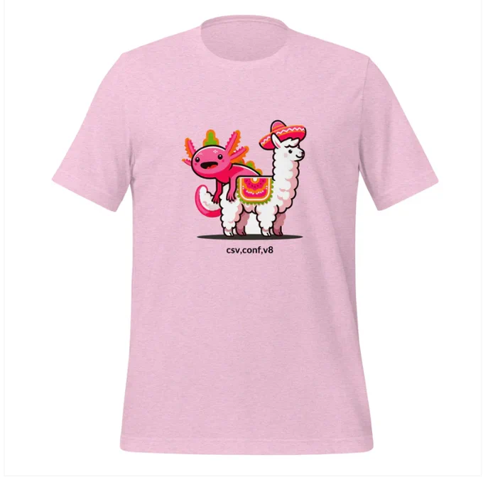 pink tshirt with csv,conf,v8 logo