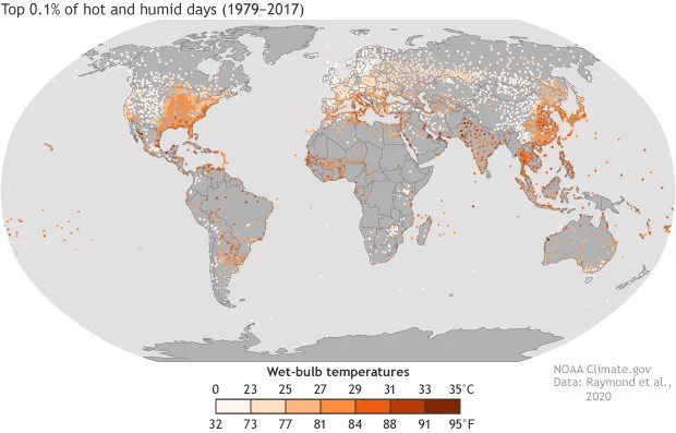 Top 0.1% of hot and humid days (1979-2017). Fonte: NOAA. Dados: Raymond et al., 2020