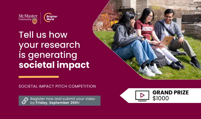 Participate in the Societal Impact Pitch Competition and tell us how your research is generating societal impact. Grand prize is $1000. 