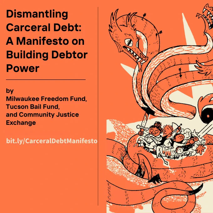 Orange square background with a black, orange and yellow, image of a group of people with swords fighting off a multi headed dragon. On the left in black text it reads "Dismantling Carceral Debt: A Manifesto on Building Debtor Power" and beneath reads "by Milwaukee Freedom fund, Tucson Bail Fund, and Community Justice Exchange." Beneath in yellow text it reads "bit.ly/CarceralDebtManifesto"
