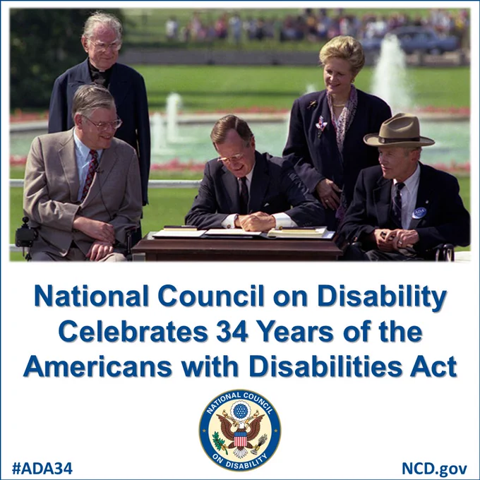 Photo of President Bush signing ADA with four people around him, NCD seal and National Council on Disability celebrates 34 years of the Americans with Disabilities Act.