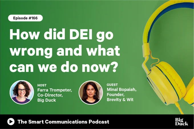 IMAGE ID: Green graphic with image and text: The Smart Communications Podcast EP166 How did DEI go wrong and what can we do now?