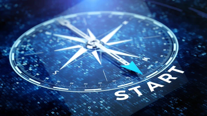 Compass design with a blue background and the word 'start' with an arrow pointing to the word