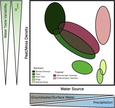 Coloured diagram showing relationship of peat moss density and water source