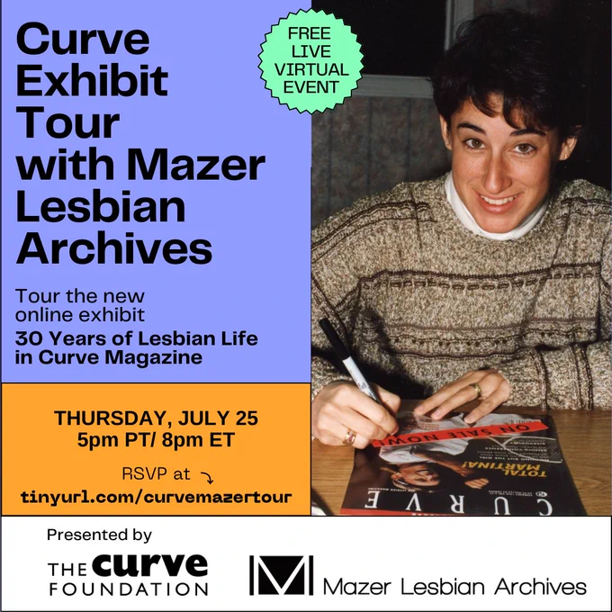 Promotional poster for a Curve Magazine online exhibit tour, celebrating 30 years of lesbian life as depicted in the magazine. Features an image of Franco Stevens sitting at a table, signing a copy of Curve magazine. 