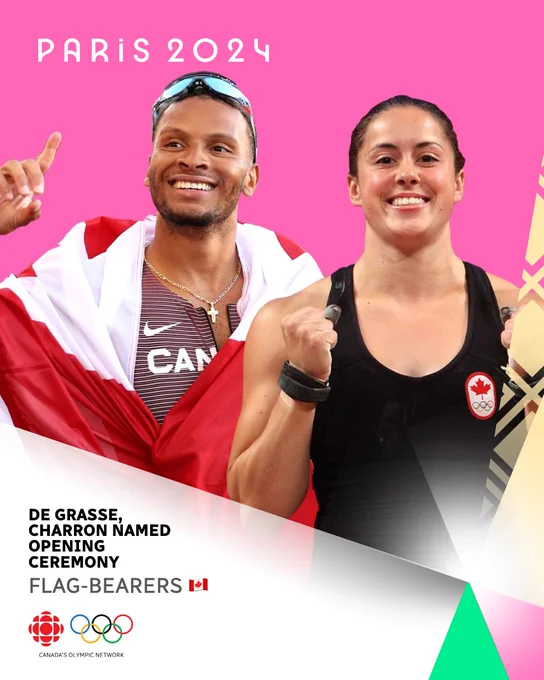 Two athletes stand in front of a Paris Olympics background with their fists and fingers in the air. Text below reads "De Grasse, Charron named opening ceremony flag-bearers." 