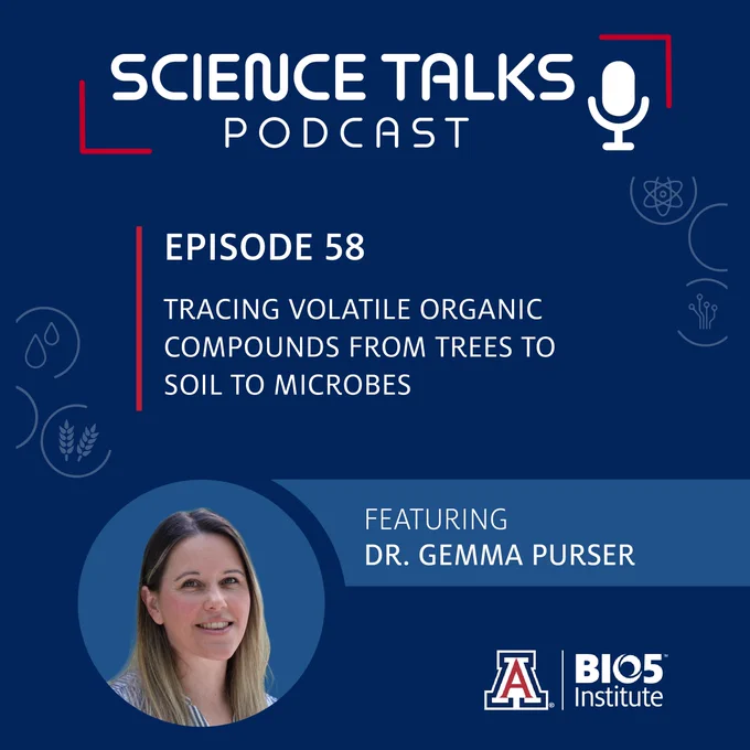 Promotional graphic for "Science Talks Podcast," episode 58, featuring Dr. Gemma Purser discussing the tracing of volatile organic compounds from trees to microbes. The design includes the podcast logo, a microphone, and thematic icons like a tree and microbes on a dark blue background.