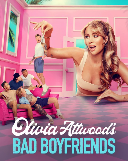 Image of giant sized Olivia Attwood standing through the front door of a pink miniature dollhouse filled with 4 boys sitting on a pink chair. The 5th miniature boy has been plucked and lifted by Olivia's hand. The title below reads: Olivia Attwood's Bad Boyfriends