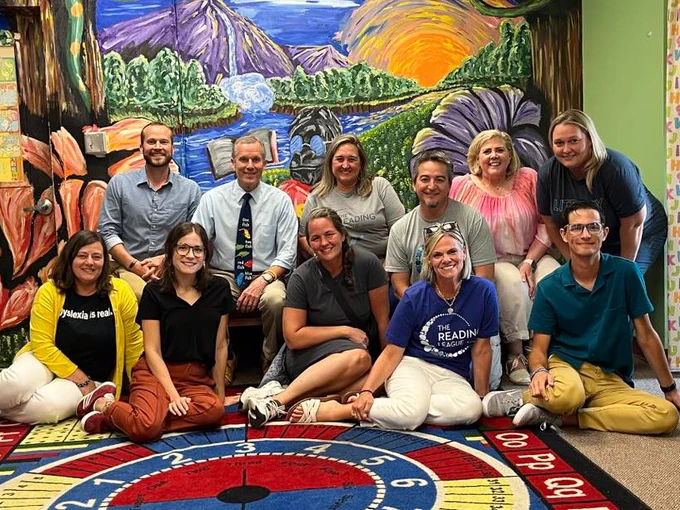 Members of the Center for Reading, Decoding Dyslexia Kansas, The Reading League Kansas, and International Dyslexia Association Kansas Missouri are pictured in front of the Center for Reading mural of a gorilla reading. The gorilla is the university mascot for Pittsburg State University, home of the Center for Reading.