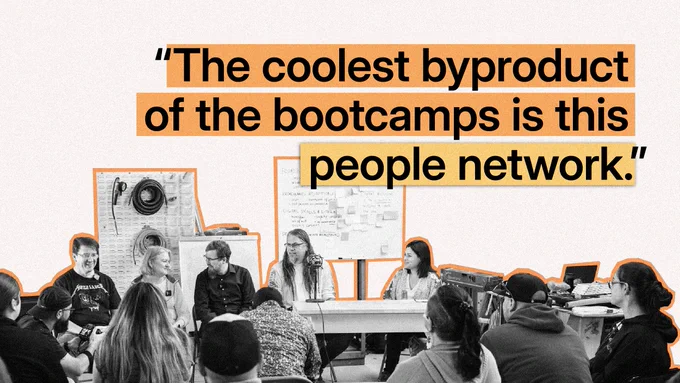 “The coolest byproduct of the bootcamps is this people network.” Grayscale photo of a previous Tribal Broadband Bootcamp showing a group of people sitting next to technical equipment and a whiteboard.