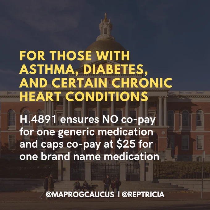 On a background underlay picture of the state house, the text reads: For those with asthma, diabetes, and certain chronic heart conditions. H.4891 ensures NO co-pay for one generic medication and caps co-pay at $25 for one brand name medication.  