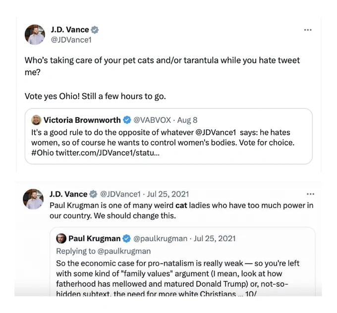 The image displays a series of tweets from J.D. Vance being weird about cats, including one that says "Who's taking care of your pet cats and/or tarantula while you hate tweet me?"