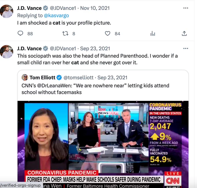 The image displays a series of tweets from J.D. Vance being weird about cats, including one that says, "This sociopath was also the head of Planned Parenthood. I wonder if a small child ran over her cat and she never got over it." 