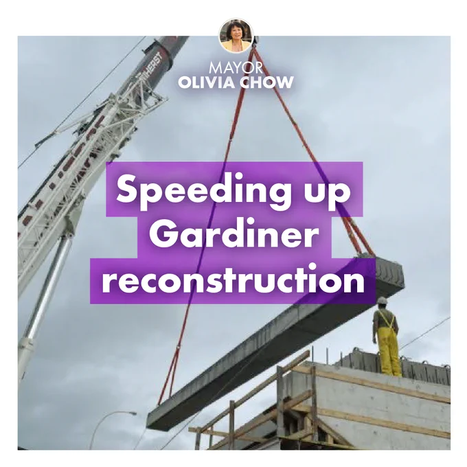 "Speeding up the Gardiner" over a photo of workers installing a new girder on the Gardiner Expressway.