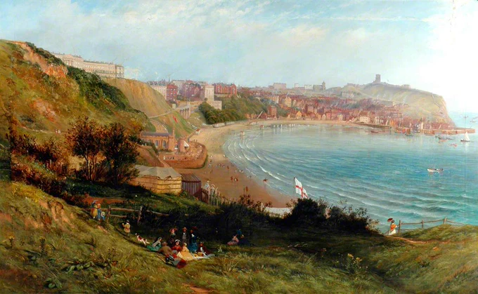 A painting of a sweeping bay, with the sea and a castle in the background. 