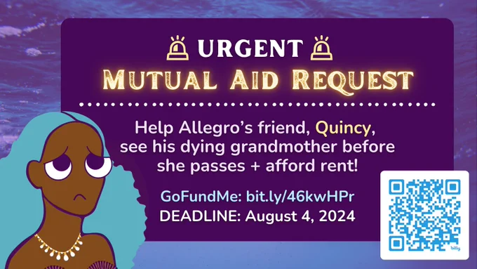 Urgent mutual aid request in a purple text box over an underwater image. On the bottom left a cartoon of Allegro frowns with sad eyes. On the bottom right is a QR code for donations. 