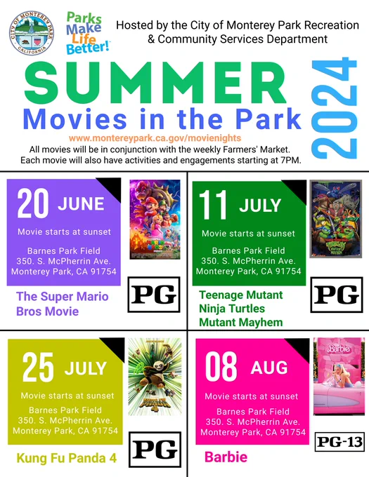 Flyer for 2024 Summer Movies in the Park hosted by the City of Monterey Park Recreation & Community Services Department. Movies shown at Barnes Park, Monterey Park, Calif., on select summer dates at sunset.