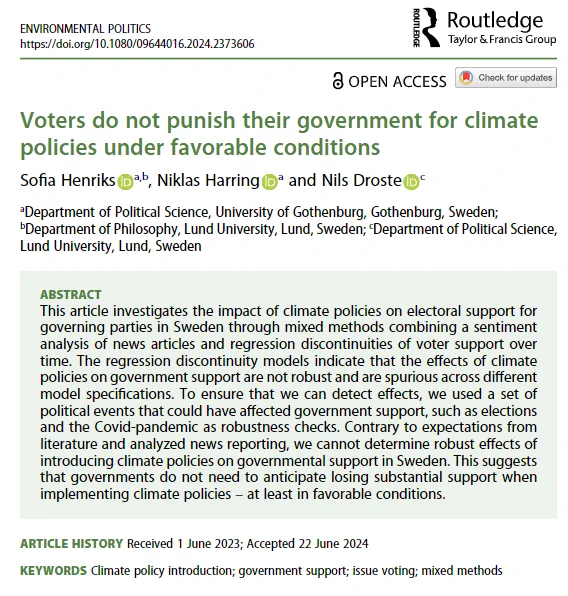screenshot of article title and abstract. Title: Voters do not punish their government for climate policies under favourable conditions. 