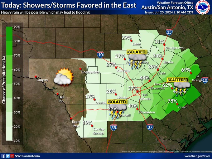 Map of South Central Texas showing the chance of precipitation. The highest chances are seen in the east over the coastal plains with lesser chances for the Hill Country and Rio Grande Plains. 