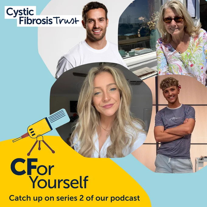 A logo for the CFor Yourself podcast sits on the bottom left of the page. Below it says "Catch up on series 2 of our podcast". An illustration of a studio light shines towards images of four guests: James Dunmore, Jane, Lyndall Grace, and Jack Kingsey.