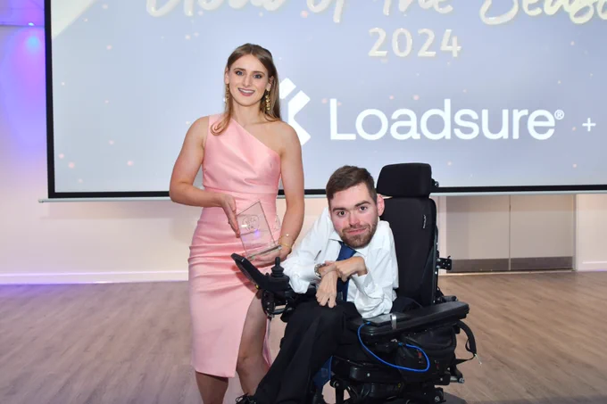 Christina Langley presenting Marcus Harrison with his award for 2023/24 Premiership Goal of the Season
