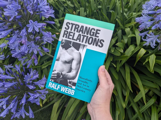 Photo of STRANGE RELATIONS by Ralf Webb hardback, held up in front of huge blue flowers