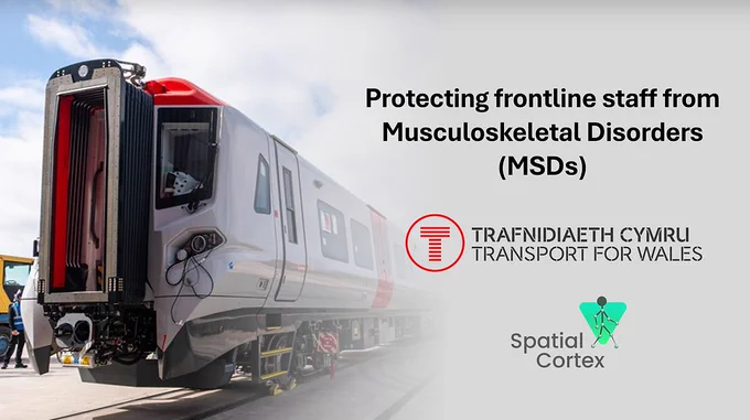 Image of train with text: Protecting frontline staff from Musculoskeletal Disorders (MSDs). Transport for Wales logo, Spatial Cortex logo.