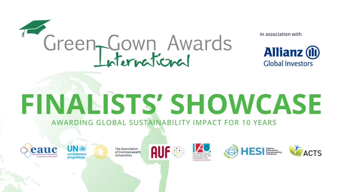 White background with green text reading "Green Gown Awards International in association with Allianz Global Investors. Finalists' Showcase. Awarding global sustainability impact for 10 years." Followed by sponsors' logos. 