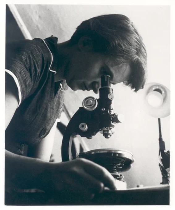 Rosalind Franklin with microscope in 1955