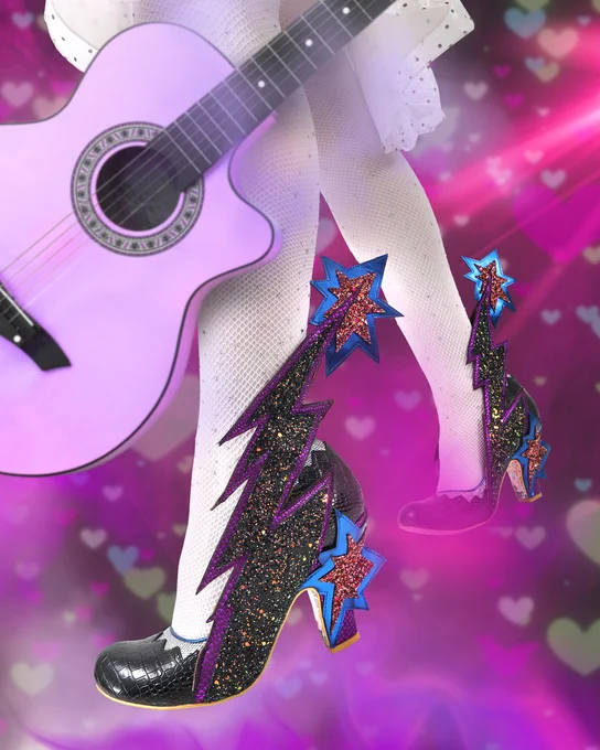 Irregular Choice black faux croc heels with a large black glitter lightning applique