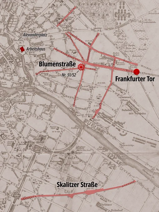 Die Hauptschauplätze der Blumenstraßenkrawalle sind rot markiert.