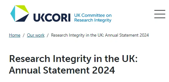 Screenshot of UK Committee on Research Integrity's webpage: Research Integrity in the UK: Annual Statement 2024​