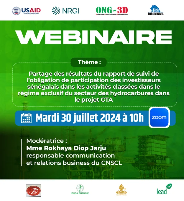 Partage des Résultats du Rapport de Suivi de l’approvisionnement local dans le cadre du Projet GTA 🌍

Rejoignez-nous le mardi 30 juillet 2024, à partir de 10h00, pour un webinaire sur zoom où nous partagerons les résultats du rapport sur la participation des investisseurs sénégalais dans les activités classées dans le régime exclusif du secteur des hydrocarbures
Depuis 2014, le Sénégal a entrepris des réformes juridiques majeures pour s'adapter aux découvertes d'hydrocarbures. 

Ces réformes, y compris le code pétrolier de 2019 et la loi sur le contenu local, visent à renforcer la participation des investisseurs locaux. Une étude de suivi, menée par APPRO-LOC à Saint-Louis en 2023, a évalué l'application de ces dispositions.

Ce webinaire qui s’inscrit dans le cadre du programme USAID / TRACES a pour objectif de diffuser largement les résultats de cette étude, d'informer et de sensibiliser les parties prenantes aux défis et contraintes rencontrés par les investisseurs sénégalais.