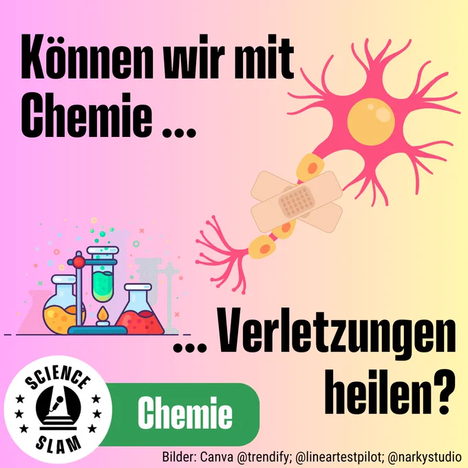 Text: „Können wir mit Chemie Verletzungen heilen?“
Als Comic-Zeichnungen sind in der linken Ecke Glasbehälter mit bunten Flüssigkeiten sowie einem Erlenmeyer-Kolben zu sehen, von der linken unteren Ecke bis zur rechtren oberen Ecke zieht sich ein Neuron, über dessen Axon zwei Pflaster geklebt sind. Unten steht das Wort „Chemie“.
