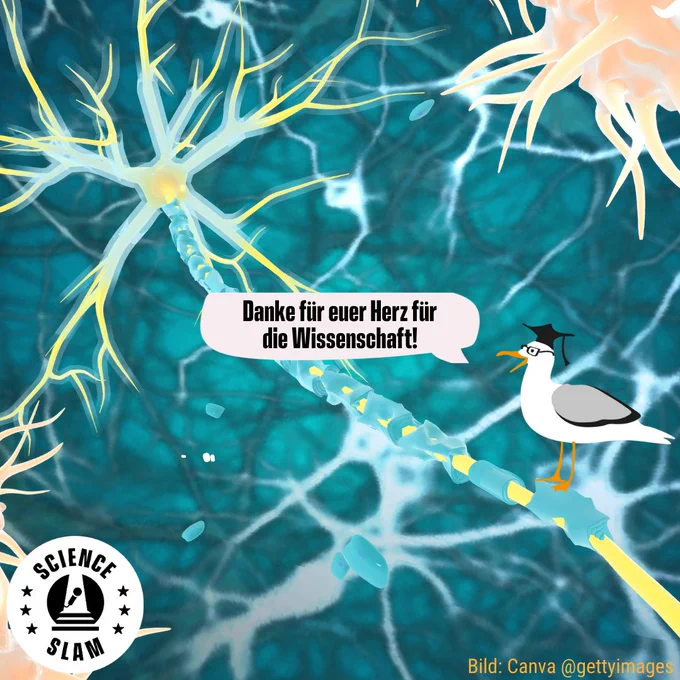 Comic-artige Zeichnung eines Nervensystems; man sieht Neurone, die mit einander vernetzt sind. Auf dem Axon eines Neuron sitzt die Science-Slam-Möwe und sagt „Danke für euer Herz für die Wissenschaft!“