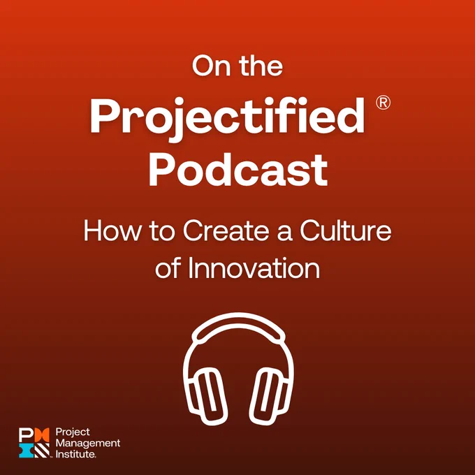 Promotional graphic for "Projectified Podcast" episode titled "How to Create a Culture of Innovation". Features headshots of two guests in circular frames: on the left is Jack Cascaccio and on the right is André Gonçalves. Both are dressed in business attire. The background is orange and includes the logos of the Project Management Institute and a text mention of "PMP."