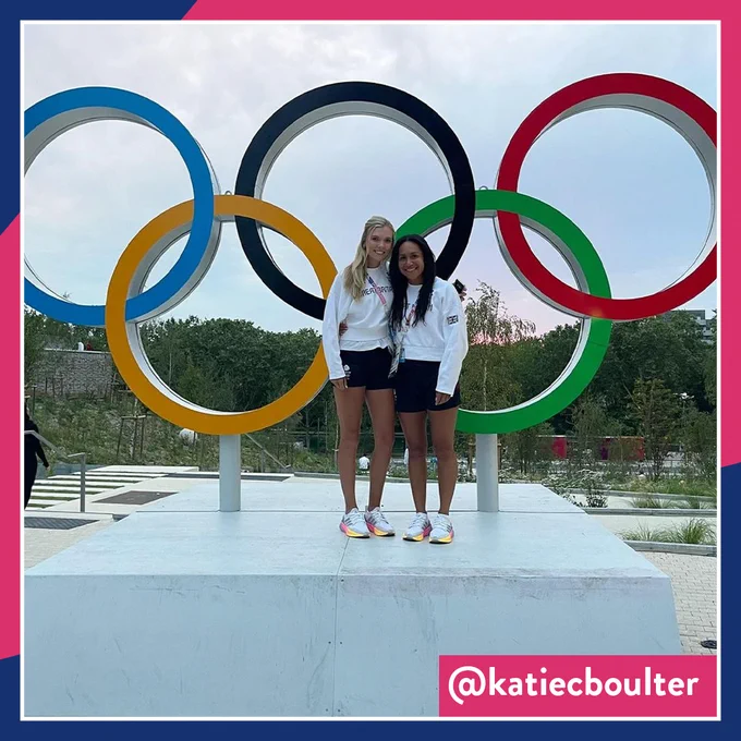 Katie Boulter & Heather Watson by the Olympic Rings